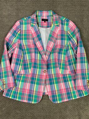 Talbots Linen Blazer Womens 24W Plaid Pink Blue Green Madras Linen Blend NWOT